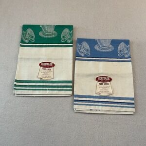 Heritage Pure Linen Kitchen Towels Set Of 2 Blue Green Tea Cups Czechoslovakia